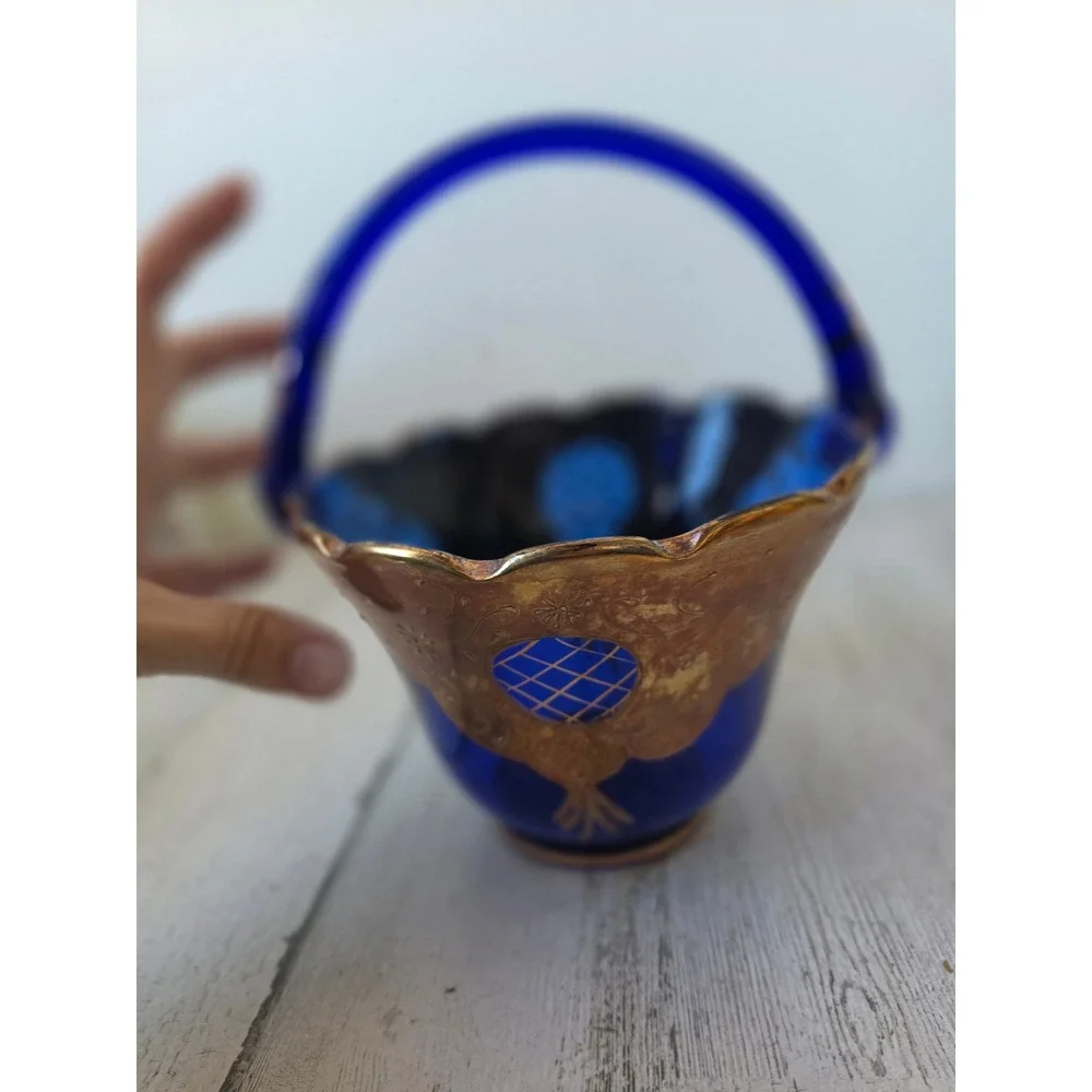 Vintage blue gold basket AS‎ IS bohemian cobalt decor glass